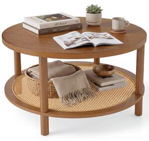 COSTWAY, tavolino da caffè rotondo, diametro 80 cm, tavolino per soggiorno in legno con piano in vetro e ripiano in rattan PE, tavolino, tavolino di servizio, tavolino da tè con gambe in legno, tavolino da divano