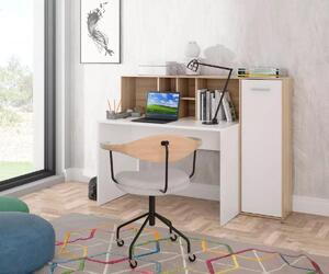 Scrivania Forte ERIADU 160, scrivania moderna con vani portaoggetti e porta-armadio, materiale a base di legno, bianco con decoro in legno di quercia Artisan, larghezza 158 cm x altezza 116 cm x profondità 66 cm