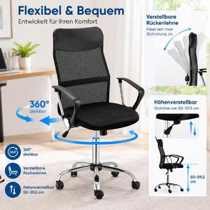 Sedia da ufficio in rete, sedia da scrivania regolabile in altezza, sedia da gaming ergonomica, sedia girevole con funzione a dondolo, nera