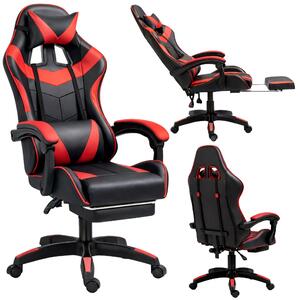 Sedia da gioco da ufficio girevole Lean con poggiapiedi e cuscini neri e rossi