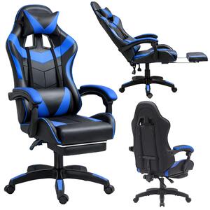 Sedia da gioco da ufficio girevole Lean con poggiapiedi e cuscino nero e blu
