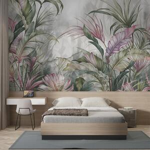 Carta da parati Giungla tropicale con grandi foglie verdi e fiori di protea rosa con sfondo sfocato e, Carta da parati Natura, w08375 : Uwalls.it