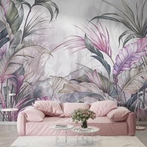 Carta da parati Giungla tropicale con grandi foglie verdi e fiori di protea rosa con sfondo sfocato e, Carta da parati Natura, w08375v1 : Uwalls.it
