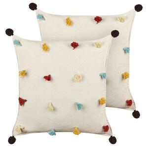2 cuscini decorativi in cotone beige chiaro 45 x 45 cm con frange multicolori Beliani