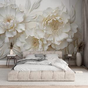 Carta da parati Elegante e voluminosa imitazione di fiori di peonia bianchi con petali morbidi e centri, Carta da parati Floreale, w08431 : Uwalls.it