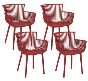 Set di 4 sedie da pranzo in plastica rossa per interni ed esterni da giardino con braccioli in stile minimalista Beliani