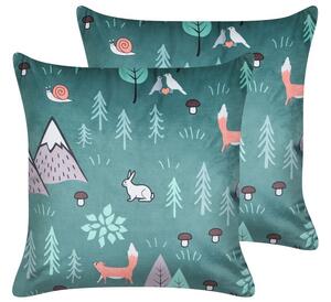 Set di 2 cuscini decorativi in velluto verde menta 45 x 45 cm per bambini con stampa di motivi animali forestali moderni per bambini Accessori decorativi Beliani
