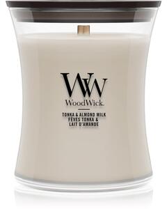Woodwick Tonka & Almond Milk candela profumata con stoppino in legno 275 g