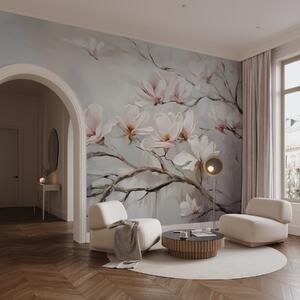 Carta da parati Delicati fiori di magnolia rosa che sbocciano su rami di alberi spogli su uno sfondo, Carta da parati Floreale, w08589 : Uwalls.it