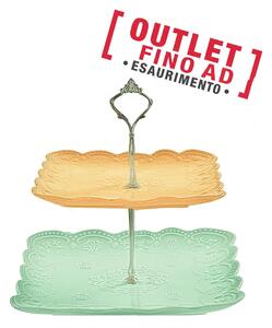 Alzata Due Piani quadrati in porcellana bianca biscuit 25,5x24,5 cm colore Pesca e verde