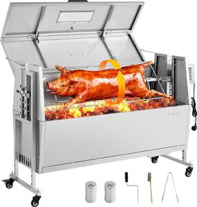 Griglia per maialini da latte - Girarrosto a carbonella - Lunghezza dello spiedo 117 cm - Capacità di carico 60 kg - Motore 38 W - Regolazione in altezza 4 volte - Con coperchio e ruote - Acciaio inox