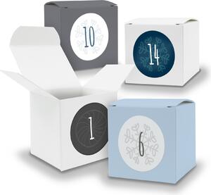 Calendario dell'Avvento da riempire, 24 cubetti da 5 cm, GRIGIO, BIANCO, AZZURRO + adesivi V13 Z12