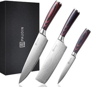 Set di coltelli PAUDIN NS1 Profi – 3 pezzi – Acciaio al carbonio tedesco – Motivo damascato – Coltello da chef, coltello nakiri e coltello da verdura