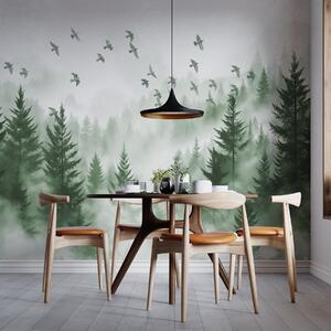 Carta da parati Tranquilla foresta nebbiosa con alberi in tonalità di verde e stormi di uccelli in volo, Carta da parati Natura, w08664v1 : Uwalls.it