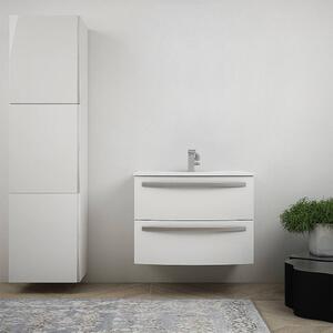 Mobile bagno bianco lucido sospeso 75 cm curvo con colonna 170 cm e lavabo in ceramica Mod. Berlino
