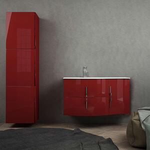 Composizione da bagno rosso lucido sospesa moderna ad onda 105 cm (versione sinistra) con chiusure soft close colonna 170 cm