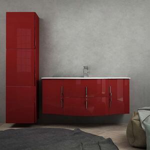 Mobile bagno onda rosso lucido 140 cm sospeso moderno con cassettoni soft close e colonna 170 cm tre ante