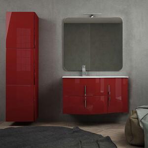 Composizione da bagno rosso lucido sospesa moderna ad onda 105 cm con chiusure soft close colonna 170 cm specchio e lampada LED (versione sinistra)