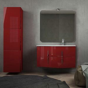 Mobile bagno sospeso moderno ad onda rosso lucido 105 cm con chiusure soft close colonna 170 cm specchio e lampada LED (versione destra)