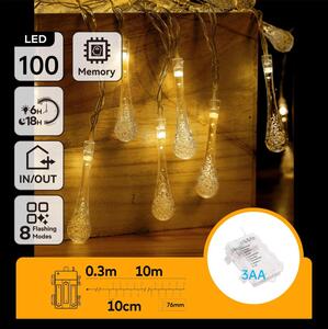 Aigostar - LED catena luminosa natalizia per esterni 100xLED/8 funzioni 3xAA 10m IP44 bianco caldo a goccia