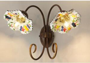 2261 APPLIQUE 2 LUCI IN METALLO BRUNITO CON PIATTI IN TERRACOTTA BIANCA DECORATI CON FRUTTA MADE IN ITALY