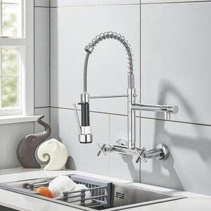 Rubinetto da cucina cromato a parete, orientabile a 360 gradi con doccetta estraibile, miscelatore a due maniglie, acqua calda e fredda disponibili