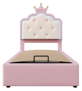 Letto imbottito 90x200 cm con rete a doghe, forma di principessa ereditaria, spazio di stoccaggio idraulico, senza materasso, Rosa