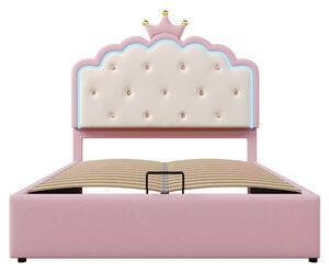 Letto imbottito 140x200 cm con rete a doghe, spazio di stoccaggio idraulico, senza materasso, Rosa