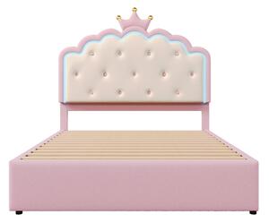 Letto imbottito 140x200 cm con rete a doghe, letto estraibile e 2 cassetti, senza materasso, Rosa