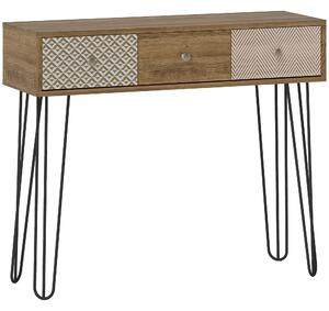 HOMCOM Tavolo Consolle con 3 Cassetti e Gambe in Acciaio, Stile Bohemien, Legno Naturale | Aosom Italy