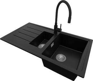 Lavello in granito PRIMAGRAN nero 90x50 cm, vasca 1,5 + rubinetto da cucina 40x38 cm + set di scarico, lavello da cucina per mobile sottolavello da 60 cm - Kopenhagen Duo