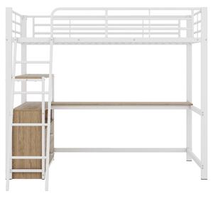 Letto a soppalco con struttura in ferro 90×200 cm, con scrivania a forma di L e cassetti, senza materasso, Bianco