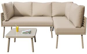Set da giardino a forma di L, set di mobili da giardino con corda intrecciata a mano, 2 divani e 1 tavolo, Kaki