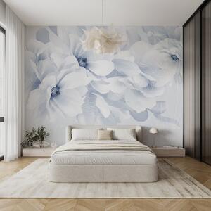 Carta da parati Fiori di peonia pastello con petali delicati bianchi e blu e linee bianche su sfondo, Carta da parati Floreale, w08826 : Uwalls.it