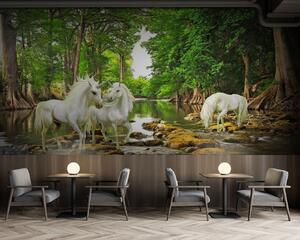 Carta da parati Gruppo di unicorni bianchi in un fiume, Carta da parati gli unicorni, Carta da parati popolare, u05099 - Tapeko.it