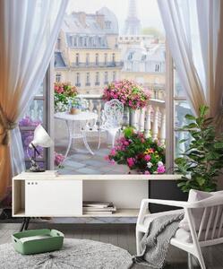 Carta da parati Veduta di un balcone con vista sulla torre eiffel dalla finestra, Carta da parati Architettura, Carta da parati popolare, u30137 - Tapeko.it