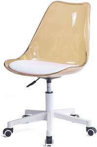 Sedia da ufficio ergonomica di colore bronzo, dotata di cinque ruote girevoli e schienale trasparente