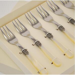 Confezione 6 Forchettine da Dolce NAPOLEON manicatura in acrilico con ghiera lunghezza 151 mm composizione in scatolata bomboniera serigrafata