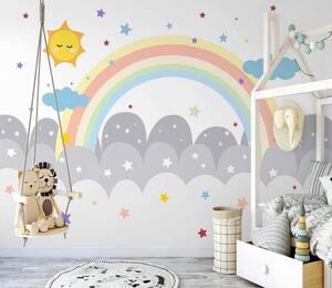 Carta da parati Arcobaleno e nuvole con sole e stelle, Carta da parati per Bambini, Carta da parati popolare, u47681 - Tapeko.it