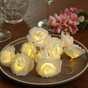 Catena luminosa a LED a forma di rosa - 10 rose luminose - Timer integrato - Alimentazione a batteria - Lunghezza: 1,8 metri - Per uso interno - Colore: bianco