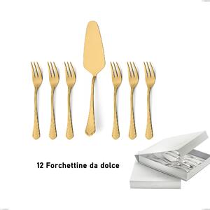 Confezione a libro 13 pezzi, forchettine pi� paletta dolce Domus Gold, Acciaio 18/10, spessore 3 mm