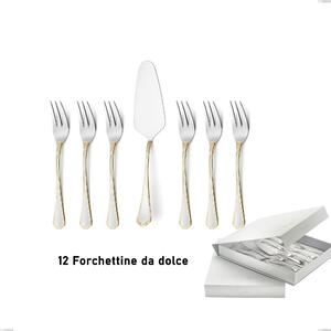 Confezione a libro 13 pezzi, forchettine pi� paletta dolce Domus Oro, acciaio 18-10, oro 24 carati lucido, spessore 3 mm