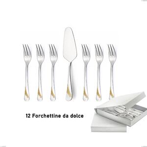 Confezione a libro 13 pezzi, forchettine pi� paletta dolce Milano Inciso Oro , 18/10 (AISI304) finitura inox lucido e oro, spessore 2,5 mm