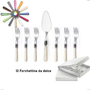 Confezione a libro 13 pezzi, forchettine pi� paletta dolce Napoleon Perlato, (acciaio 18.10 aisi304), manici in metacrilato