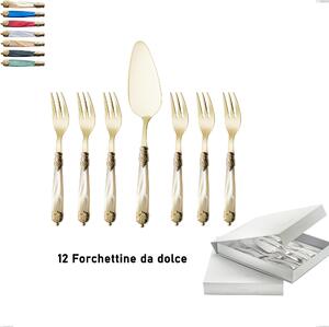 Confezione a libro 13 pezzi, forchettine pi� paletta dolce Mirage Perlato Tin gold, acciaio 18.10 con finitura pvd dorata colorato, manici in metacrilato