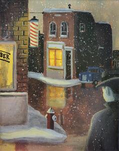 Illustrazione 1950s scene man approaching barber shop at night, Dave Rheaume Artist