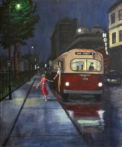 Illustrazione 50s Couple Exits Bus at Night, Dave Rheaume Artist