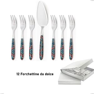 Confezione a libro 13 pezzi, forchettine pi� paletta dolce vero damasco, acciaio 18.0 nickel free, manicatura pbt sublimato acciaio lucido