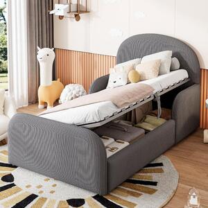 Letto per bambini 90x200 con spazio contenitore a sistema idraulico, rivestito in velluto grigio, con alta testiera, pediera e sponde laterali parziali