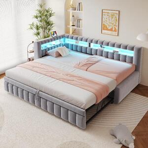 Letto imbottito 90x200 con letto estraibile, divano letto con illuminazione LED, letto in velluto color grigio chiaro con porta USB e porta di tipo C, e testiera con vano portaoggetti